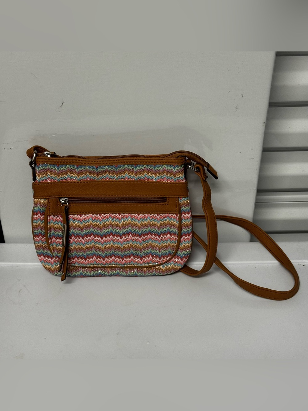 Rosetti Multicolor Chevron Crossbody with Brown Trim